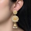 Gold plated flower design jhumka earrings with stone and pearl work