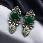 Vintage Look Silver Replica Leaf Design Stud Earrings | Monalisa Stone Best Jewelry For Girls - "Green"