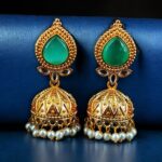 Designer Gold Plated Jhumka Earrings | Stone & Pearl Work Jewelry Perfect Gift For Her - "Mint"