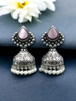 Traditional Monalisa stone silver plated jhumka earrings