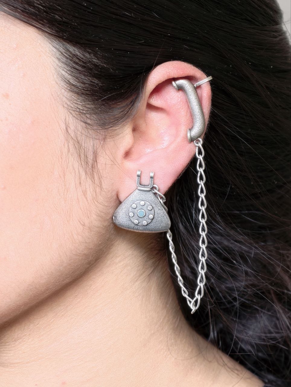Silver Replica Beautiful Design Telephone Earcuff | Stone Work Oxidized Jewelry For Girls 5 Silver replica oxidized telephone earcuff with stone work