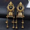 Royal gold plated Kashmiri jhumka earrings with intricate stone detailing and elegant pearl work, traditional Indian bridal and festive jewelry design