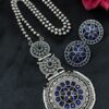 Flower design silver replica necklace set with round stud earrings, traditional antique finish ethnic jewelry set for women