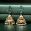 Luxurious Gold Plated Jhumka Earrings with Sparkling Stone Pearl Work 18 Luxurious gold plated jhumka earrings with sparkling stone embellishments and elegant pearl work, traditional Indian ethnic jewelry