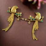 Handcrafted Gold Plated Parrot Stud Earrings | Flower Design & Stone Work Beautiful Jewelry - "Aqua"