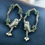Traditional Silver Replica Parrot Design Dangler Earrings | Stone & Pearl Work Best Oxidized Jewelry - "Green"