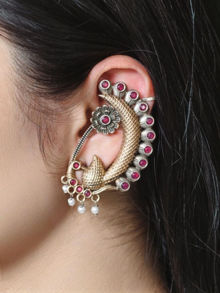 Beautiful Design Two-Tone Peacock Earcuff | Stone & Pearl Work Traditional Jewelry