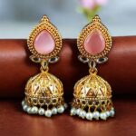 Designer Gold Plated Jhumka Earrings | Stone & Pearl Work Jewelry Perfect Gift For Her - "Baby Pink"