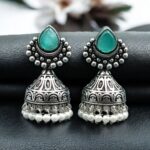 Bulk 14 Traditional Monalisa Stone Silver Plated Jhumka Earrings | Best Pearl Work Festive Wear Jewelry - "Mint"