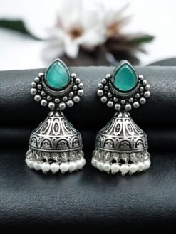 Traditional Monalisa stone silver plated pearl jhumka earrings