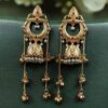 Royal gold plated Kashmiri jhumka earrings with intricate stone detailing and elegant pearl work, traditional Indian bridal and festive jewelry design