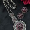 Flower design silver replica necklace set with round stud earrings, traditional antique finish ethnic jewelry set for women