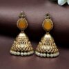 Luxurious Gold Plated Jhumka Earrings with Sparkling Stone Pearl Work 17 Luxurious gold plated jhumka earrings with sparkling stone embellishments and elegant pearl work, traditional Indian ethnic jewelry