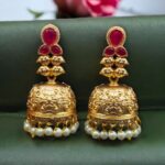 Gold Plated Floral Art Jhumka Dangler Earrings | Stone & Pearl Work Unique Jewelry - "Red"