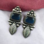 Vintage Look Silver Replica Leaf Design Stud Earrings | Monalisa Stone Best Jewelry For Girls - Blue"