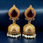 Designer Gold Plated Jhumka Earrings | Stone & Pearl Work Jewelry Perfect Gift For Her - "Red"