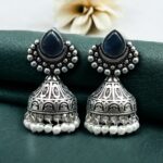 Bulk 16 Traditional Monalisa Stone Silver Plated Jhumka Earrings | Best Pearl Work Festive Wear Jewelry - "Blue"
