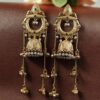 Royal gold plated Kashmiri jhumka earrings with intricate stone detailing and elegant pearl work, traditional Indian bridal and festive jewelry design