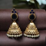 Bulk 110 Luxurious Gold Plated Jhumka Earrings with Sparkling Stone Pearl Work - "Blue"