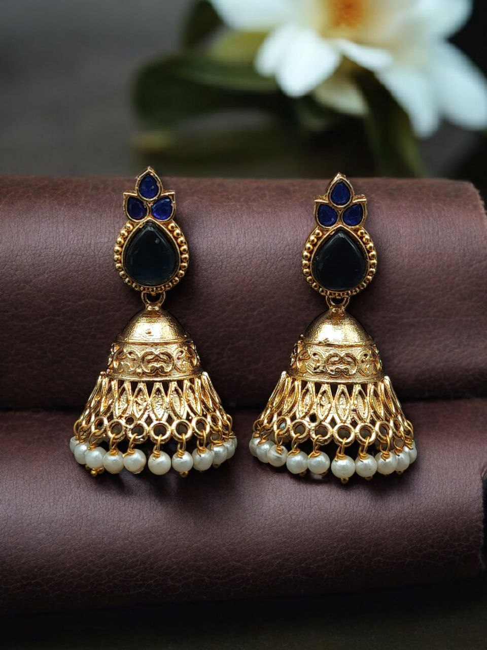 Luxurious Gold Plated Jhumka Earrings with Sparkling Stone Pearl Work 6 Luxurious gold plated jhumka earrings with sparkling stone embellishments and elegant pearl work, traditional Indian ethnic jewelry