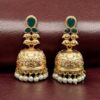 Gold plated floral art jhumka earrings with stone and pearl work
