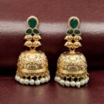 Gold Plated Floral Art Jhumka Dangler Earrings | Stone & Pearl Work Unique Jewelry - "Green"