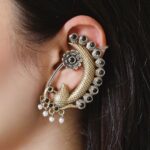 Beautiful Design Two-Tone Peacock Earcuff | Stone & Pearl Work Traditional Jewelry - "Black"