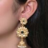 Gold plated flower design jhumka earrings with stone and pearl work