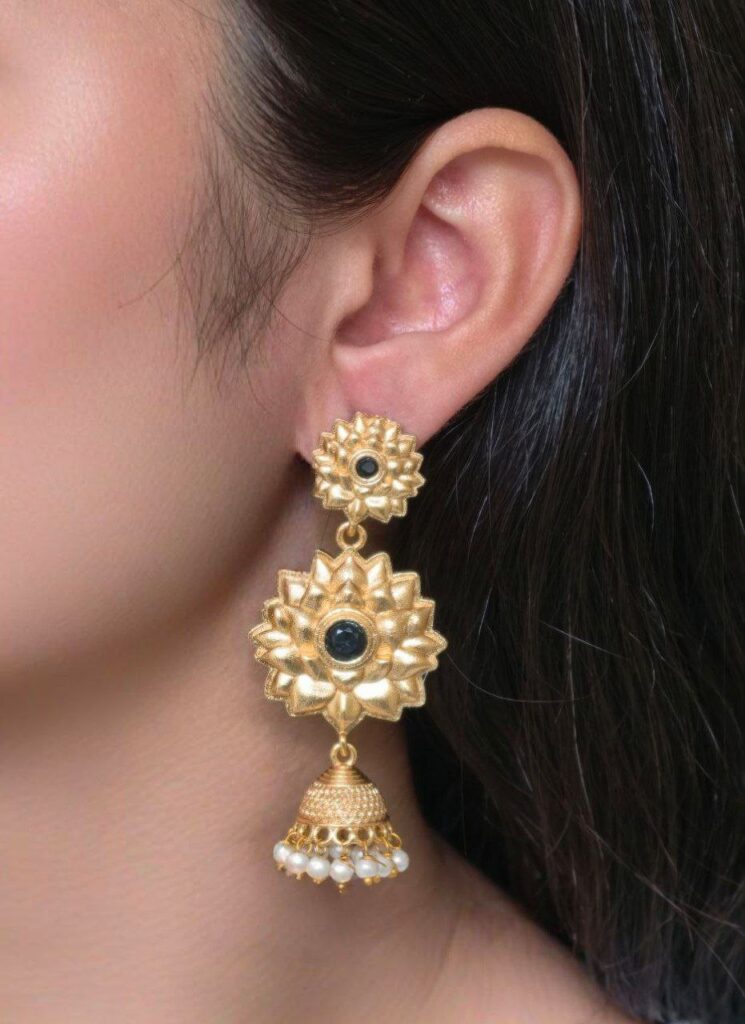 Elegant Gold Plated Flower Design Jhumka Earrings | Stone & Pearl Work Amazing Jewelry