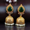 Gold plated jhumka earrings with stone and pearl work