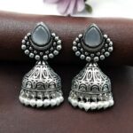 Bulk 18 Traditional Monalisa Stone Silver Plated Jhumka Earrings | Best Pearl Work Festive Wear Jewelry - "Grey"