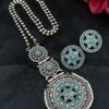 Flower design silver replica necklace set with round stud earrings, traditional antique finish ethnic jewelry set for women