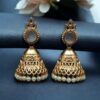Luxurious Gold Plated Jhumka Earrings with Sparkling Stone Pearl Work 15 Luxurious gold plated jhumka earrings with sparkling stone embellishments and elegant pearl work, traditional Indian ethnic jewelry