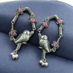 Traditional Silver Replica Parrot Design Dangler Earrings | Stone & Pearl Work Best Oxidized Jewelry - "Baby Pink"
