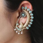Beautiful Design Two-Tone Peacock Earcuff | Stone & Pearl Work Traditional Jewelry - "Aqua"