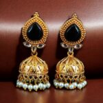 Designer Gold Plated Jhumka Earrings | Stone & Pearl Work Jewelry Perfect Gift For Her - "Black"