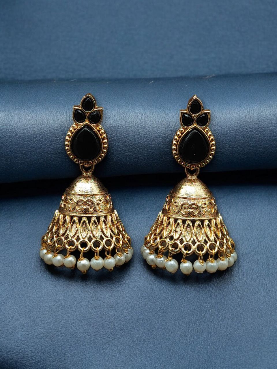 Luxurious Gold Plated Jhumka Earrings with Sparkling Stone Pearl Work 4 Luxurious gold plated jhumka earrings with sparkling stone embellishments and elegant pearl work, traditional Indian ethnic jewelry