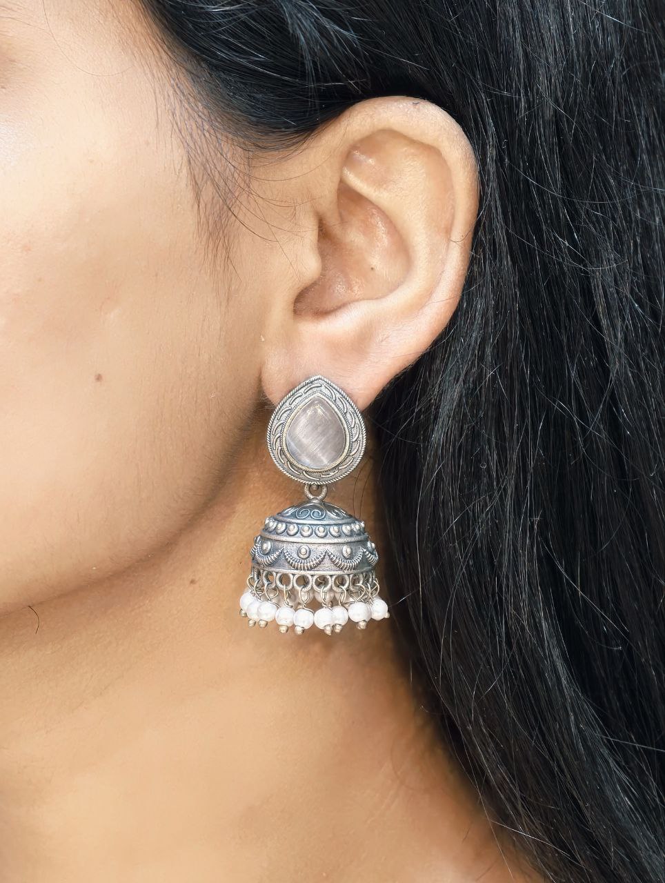 Premium Silver Look Like Jhumka Earring Perfect for Any Cotton Kurti 9 Silver Look Like Jhumka traditional brass silver finish earrings for women