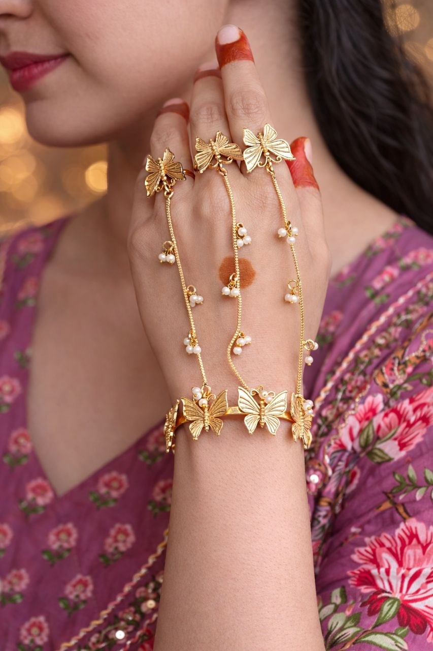 Graceful Ethnic Butterfly Hathphool for Elegant Traditional Bridal Hand Jewelry 1 Ethnic butterfly hathphool gold plated brass traditional hand jewelry for women