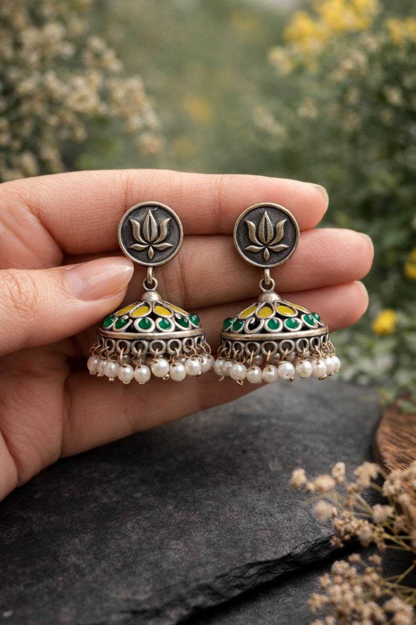 Silver Lotus Jhumka Elegant Dazzling Traditional Earrings for Graceful Women 2 Silver Lotus Jhumka stylish brass jewelry design