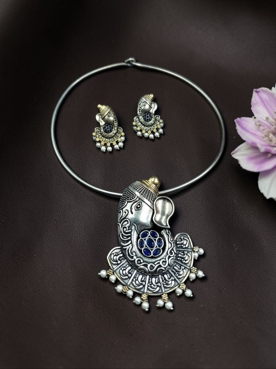 Lord Ganesha Hasli Stunning Two Tone Necklace for Graceful Festive Look 2 Lord Ganesha Hasli stylish brass jewelry design