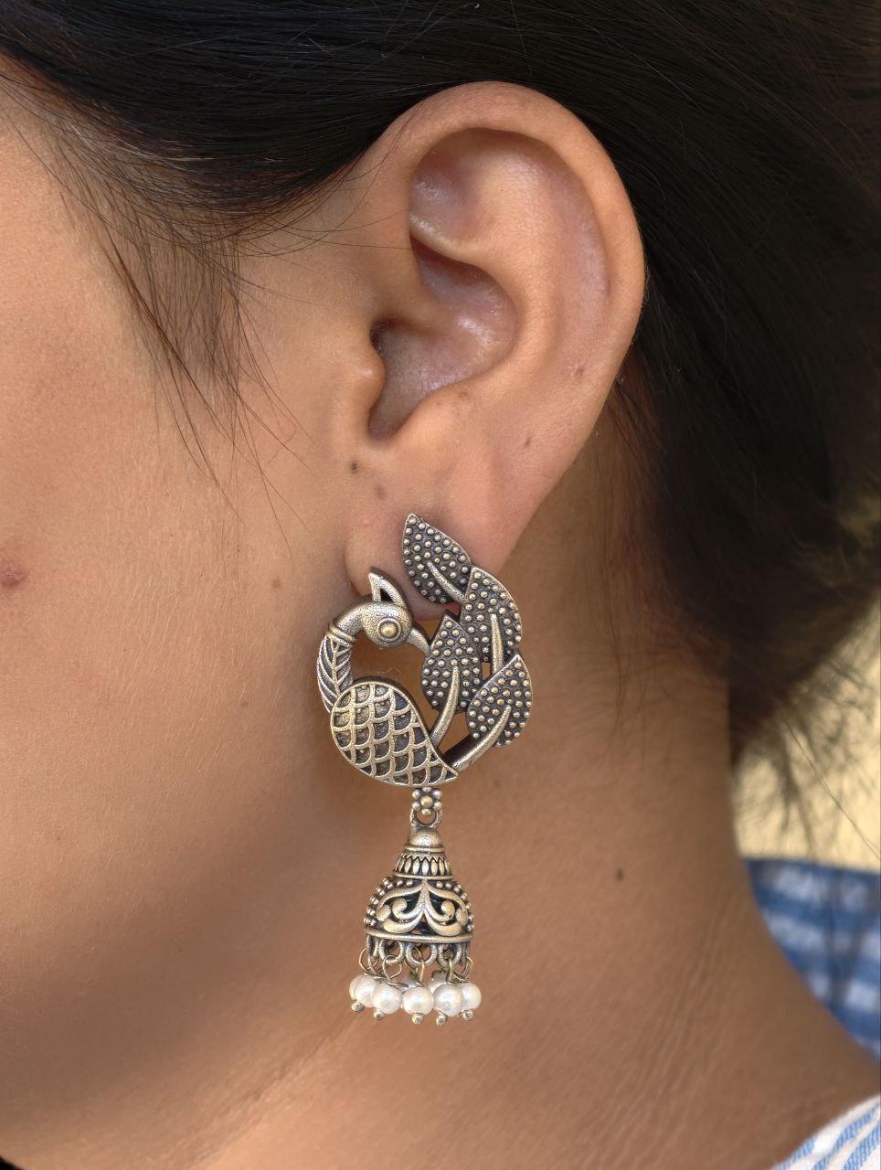 Beautiful Vintage Peacock Jhumka with Royal Antique Statement Earrings 1 Vintage Peacock Jhumka Antique Style Peacock Design Traditional Brass Earrings