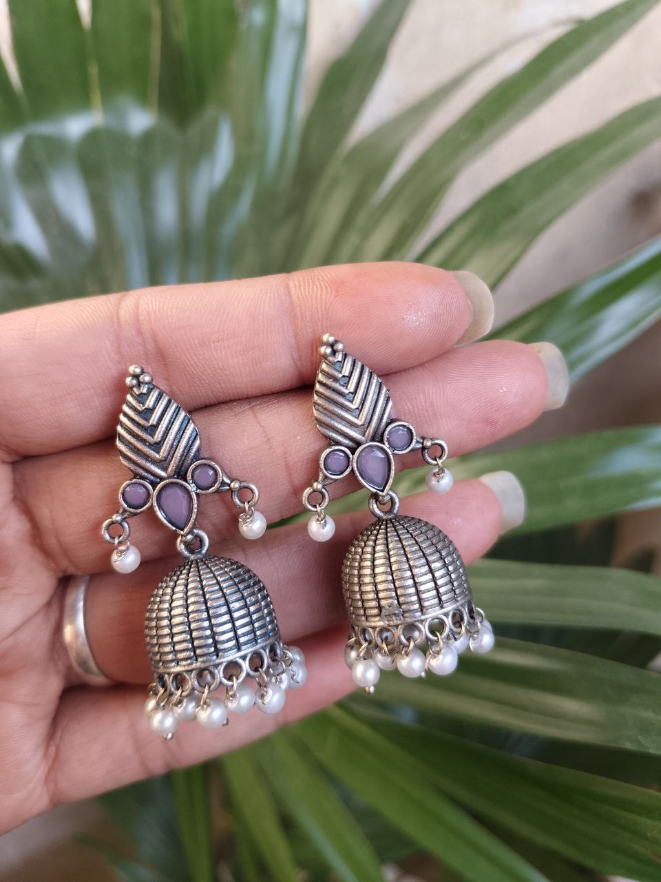 Elegant Leaf Design Jhumka Earrings – Stunning Traditional Partywear Jewelry 2 Elegant Leaf Design Jhumka Traditional Oxidized Brass Earrings for Women