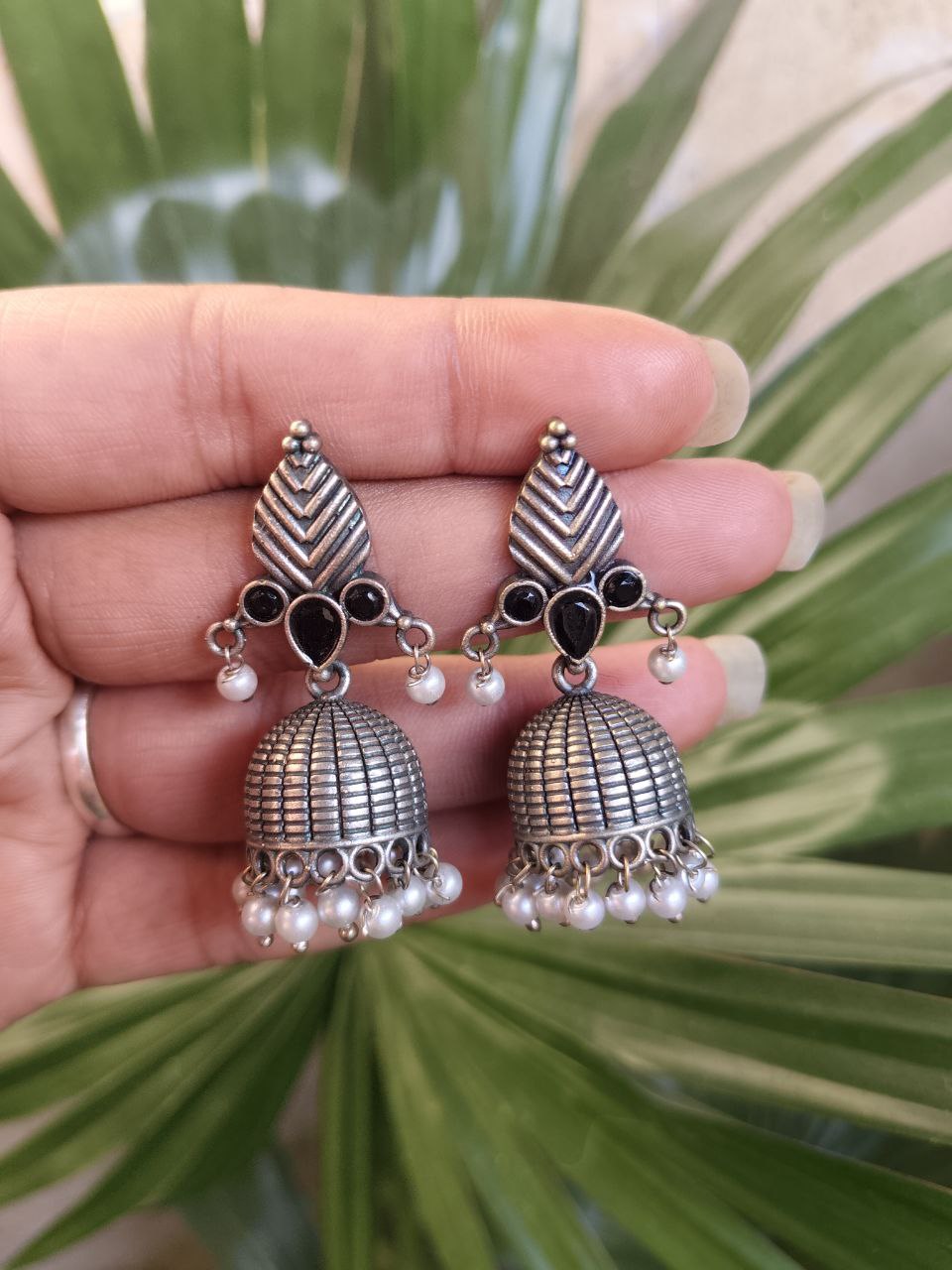 Elegant Leaf Design Jhumka Earrings – Stunning Traditional Partywear Jewelry 5 Elegant Leaf Design Jhumka Traditional Oxidized Brass Earrings for Women