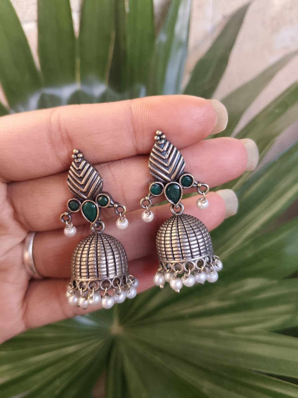 Elegant Leaf Design Jhumka Earrings – Stunning Traditional Partywear Jewelry 8 Elegant Leaf Design Jhumka Traditional Oxidized Brass Earrings for Women