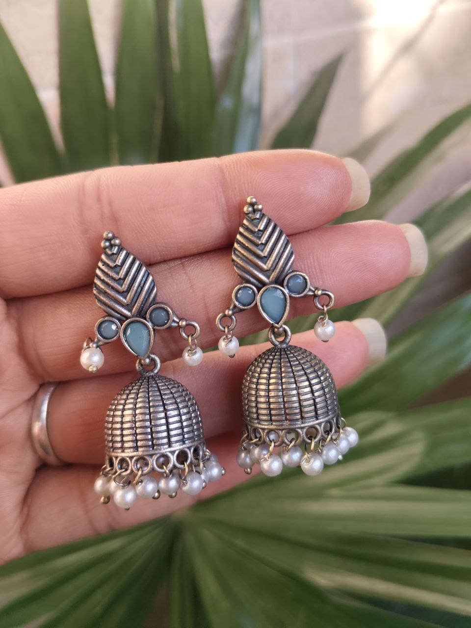 Elegant Leaf Design Jhumka Earrings – Stunning Traditional Partywear Jewelry 6 Elegant Leaf Design Jhumka Traditional Oxidized Brass Earrings for Women