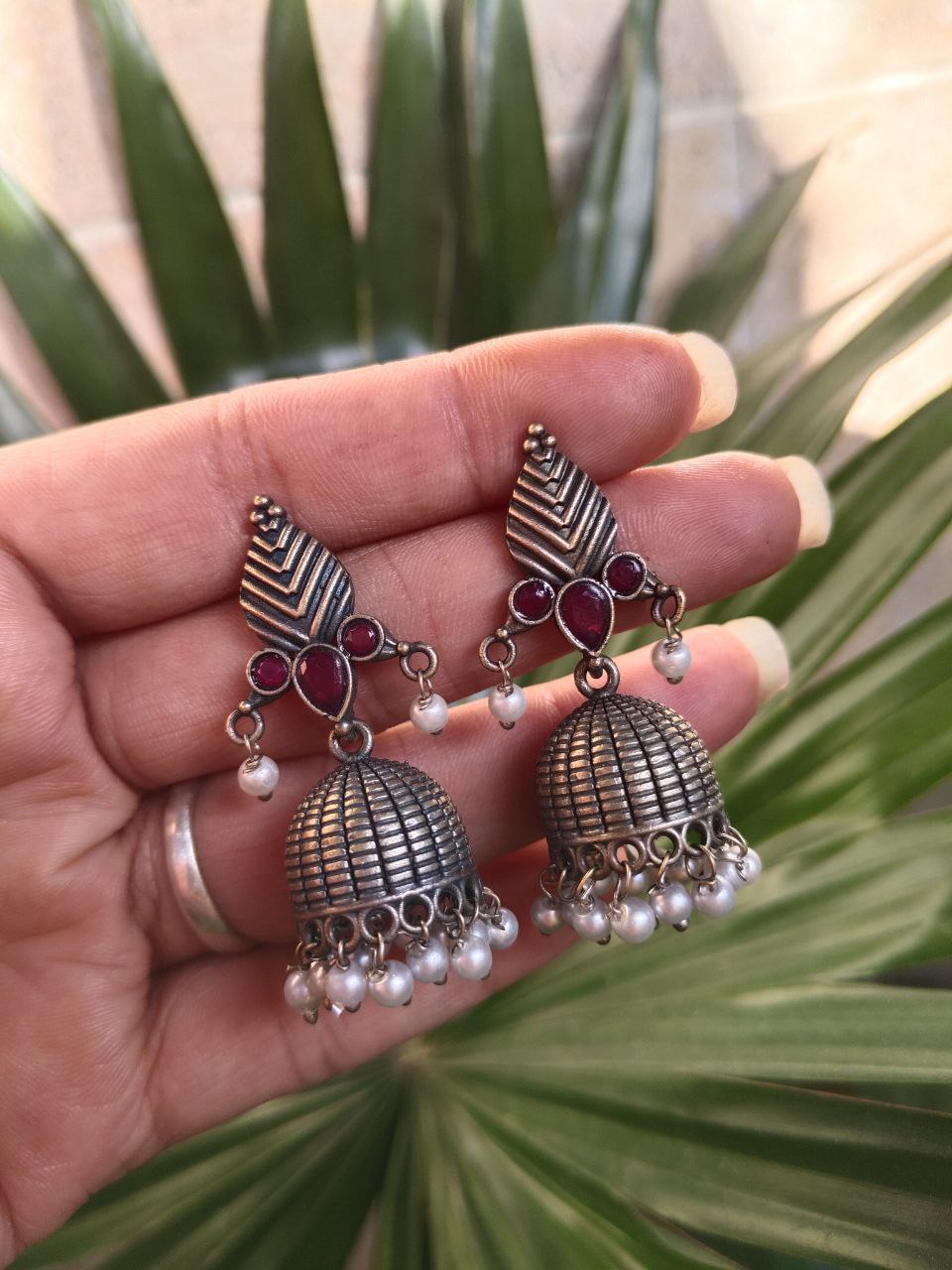 Elegant Leaf Design Jhumka Earrings – Stunning Traditional Partywear Jewelry 4 Elegant Leaf Design Jhumka Traditional Oxidized Brass Earrings for Women