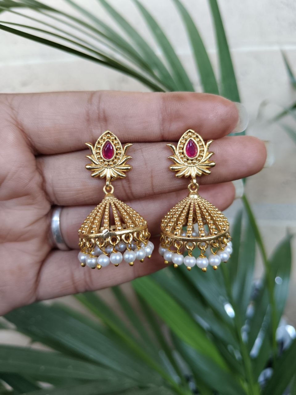 Elegant Gold Plated Lotus Jhumka Earrings for Stunning Traditional Look 5 Gold Plated Lotus Jhumka Traditional Indian Floral Design Earrings