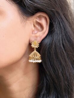 Gold Plated Lotus Jhumka Traditional Indian Floral Design Earrings