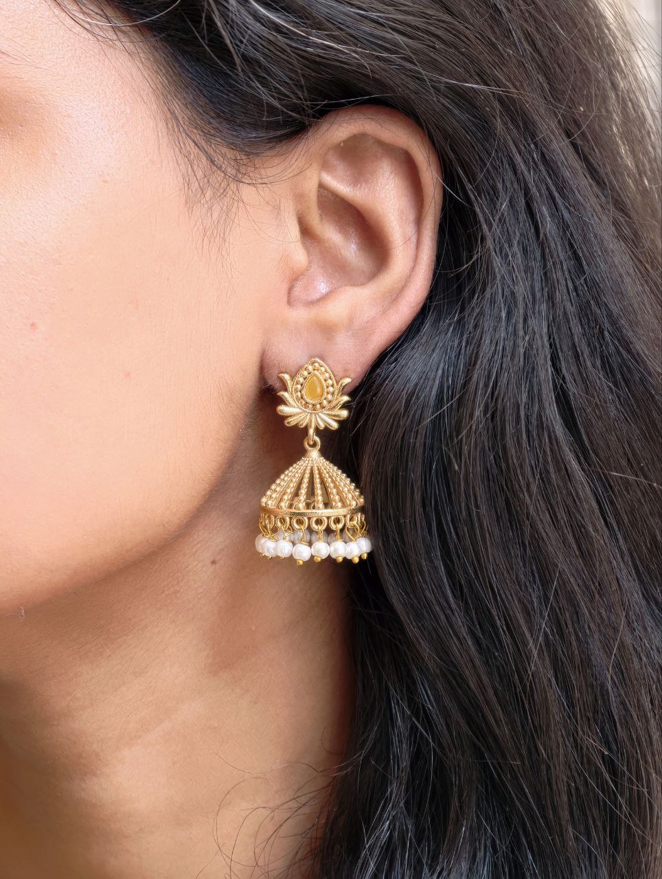 Elegant Gold Plated Lotus Jhumka Earrings for Stunning Traditional Look 1 Gold Plated Lotus Jhumka Traditional Indian Floral Design Earrings
